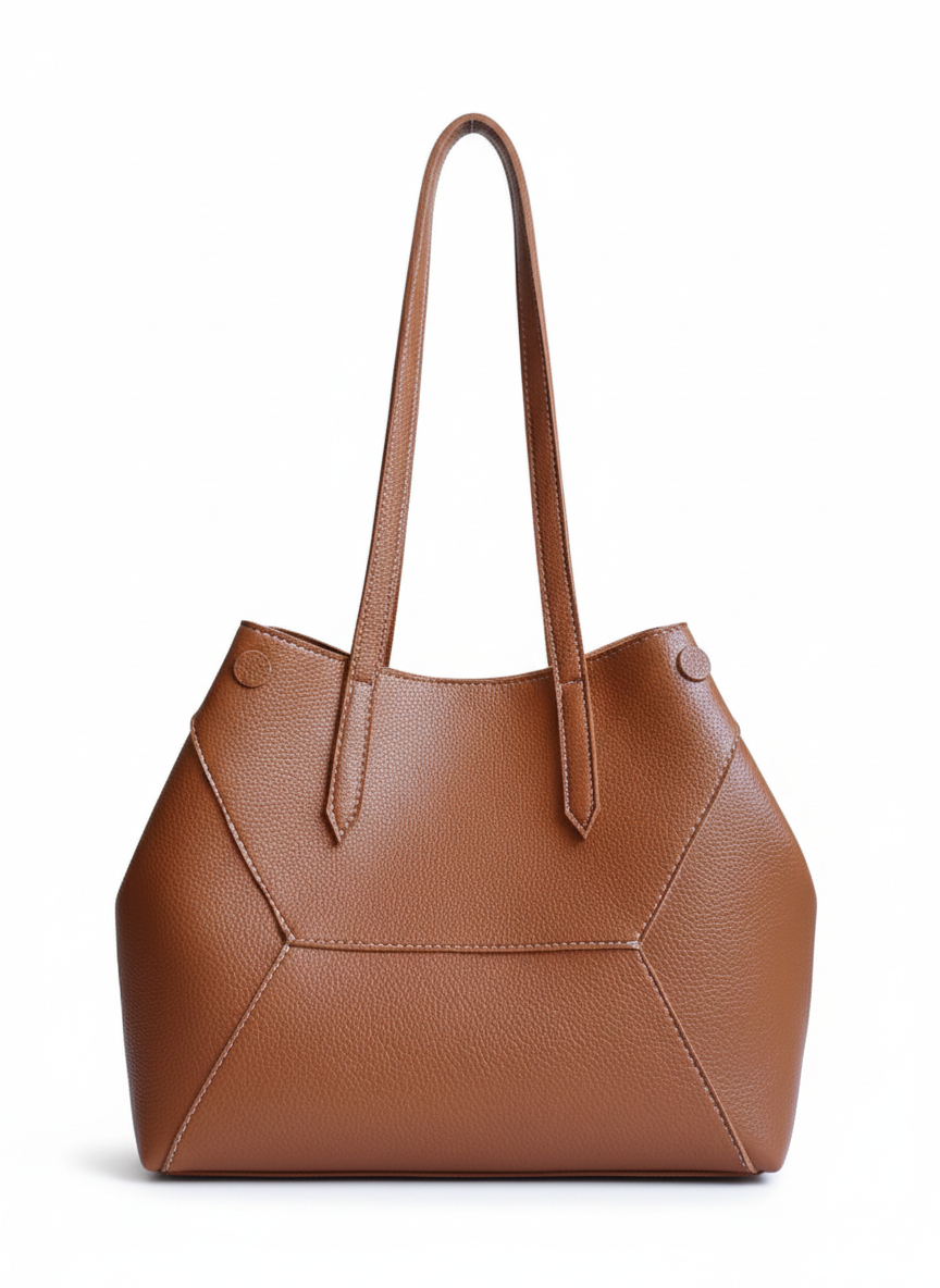 Solis Tote Brown detail — JADI quiet luxury premium tote Pakistan